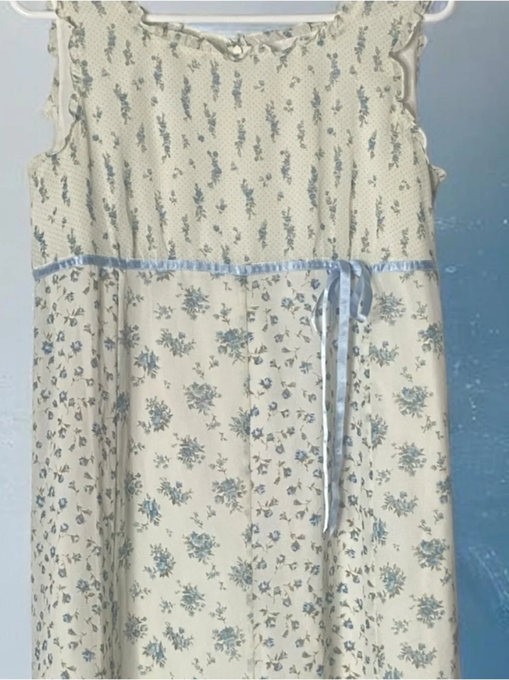 Vintage Canlemon Floral Midi Dress Cottagecore Lace Trim Blue White  - Size L